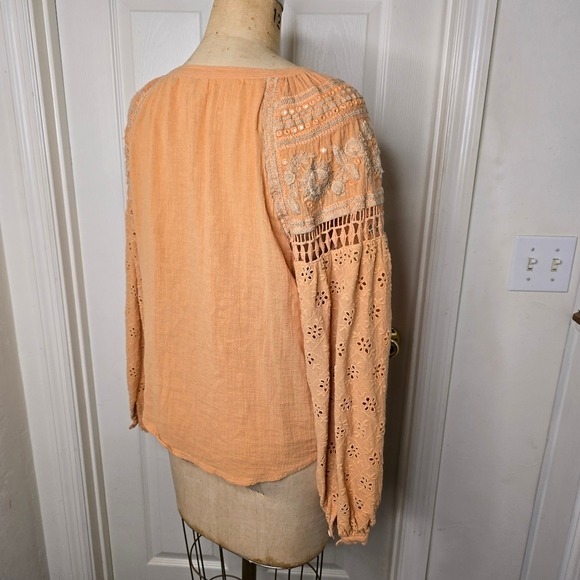 Nichole Miller Artelier cantaloupe linen embroidered womens long sleeve‎  top L - Picture 5 of 11